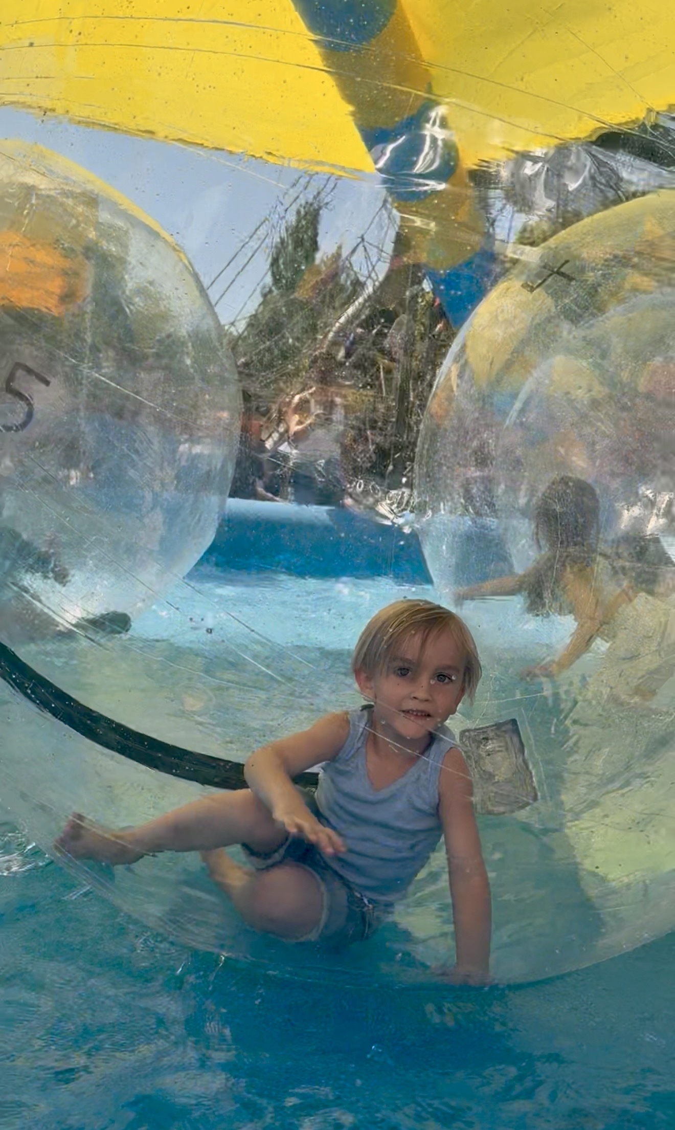 Young boy sitting inside a transparent water walking ball at a sunny fair